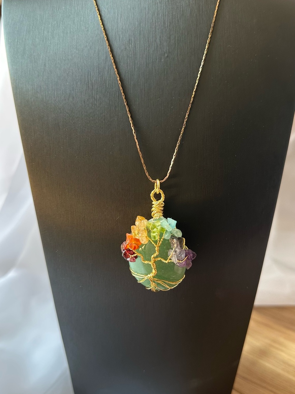 Gold Wire-Wrapped Green Tree of Life Necklace with Multicolor Gem Chips